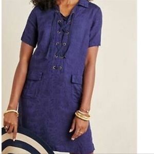 Anthropologie A+ Navy Lace Up Linen Blend Shift Dress Size 2